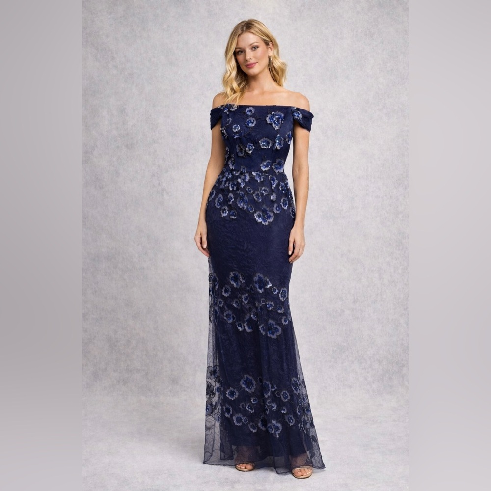 Adrianna Papell Navy Blue Floral Sequin Off Shoulder Gown SZ 6 NWT GALA MOB